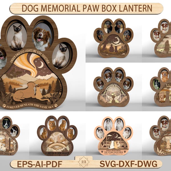 Dog Memorial Paw Box Lantern Svg, Personalized Dog Cat Memorial Shadow Box, Rainbow Bridge Laser Cut Files, Glowforge xTool LightBurn