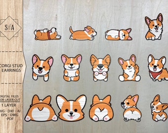 Corgi Stud Earrings Bundle  SVG , Animal Earrings , Laser Earrings Files , Glowforge Files ,  Cute Animal Earrings , Corgi Dog Earrings