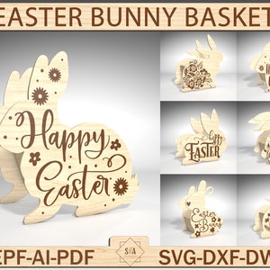 Bundle coniglietto pasquale cesto Svg, cesto pasquale laser Svg, design coniglietto pasquale per taglio laser, decorazione laser di Pasqua, file di taglio laser Glowforge