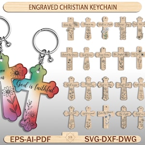 Könnte beinhalten: Eine Sammlung christlicher Schlüsselanhänger. Zwei kreuzförmige Schlüsselanhänger mit floralen Designs und den Sätzen "He is with You" und "God is faithful" sind abgebildet. Zusätzliche Schlüsselanhänger aus Holz in Kreuzform mit gravierten Sätzen und floralen Akzenten werden ebenfalls angezeigt.