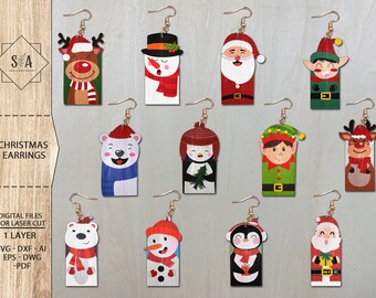 May include: Set of 10 Christmas-themed laser cut earring designs. The designs include a penguin, snowman, reindeer, Santa Claus, elf, polar bear, and a Christmas tree. The earrings are ready to be cut on a laser cutter.