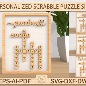 Signe personnalisé de casse-tête de scrabble découpé fichier Svg, panneau en bois pour grands-parents, cadeaux pour une fillette, noms de petits-enfants Scrabble, cadeaux de grand-mère