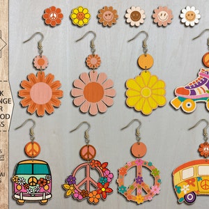 60s Pink and Orange Flower Power Mod Earrings SVG, Groovy Girl Glowforge Earrings Svg, 60s Daisy Flower Power Earrings SVG