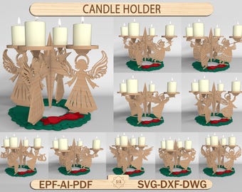 May include: Wooden candle holders with angel and star designs, holding white candles. The holders sit on a green base with a red ribbon. The text "CANDLE HOLDER" is at the top. The image also includes the text "EPF-AI-PDF" and "SVG-DXF-DWG".