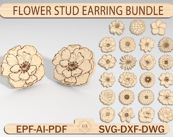 Flower Stud Earring SVG Bundle, Flower Laser Cut Wood, Flowers Stud Earring Digital Download, Rose, Violet, Daisy, Peony, Sunflower, Lily