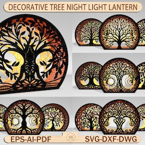 May include: Decorative tree night light lanterns. The lanterns feature a laser-cut tree design with intricate details. The lanterns are made of dark wood and have a warm, inviting glow. The text "DECORATIVE TREE NIGHT LIGHT LANTERN" is at the top.