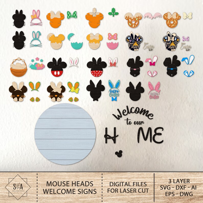 May include: A set of digital files for laser cutting mouse head designs. The designs include various Easter themes, such as bunnies, eggs, and baskets. The files are available in SVG, DXF, AI, EPS, and DWG formats. The designs are perfect for creating personalized decorations for your home or for crafting gifts.