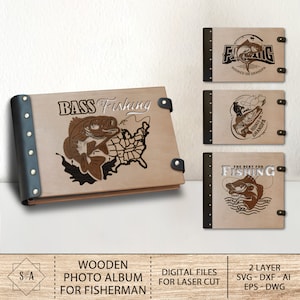 Álbum de fotos de madera para pescador con libro personalizado de peces 3D, libro para pescar o pescador, regalo para marido svg, regalo para padre svg