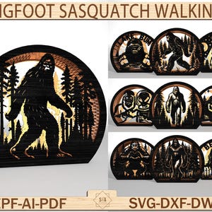 Op de afbeelding: Houten Bigfoot Sasquatch wandelend kunstwerk met een bos silhouet achtergrond. De afbeelding toont ook verschillende andere Bigfoot-thema houten kunstwerken. De tekst "BIGFOOT SASQUATCH WALKING" staat bovenaan. De tekst onderaan zegt "EPF-AI-PDF" en "SVG-DXF-DWG".