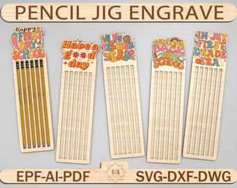 May include: Five wooden pencil jig designs for engraving. Each design features a different school-themed phrase with colourful lettering. The phrases are "Happy First Day of School", "Have a g**d day", "In My Teacher Era", "Welcome Back to School", and "In My First Grade Era".