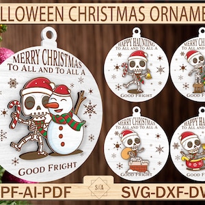 Ornement de Noël Halloween Svg, Svg joyeux Noël, Svg cadeau Noël, ornement bonhomme de neige, Svg Noël drôle, Svg squelette, laser Glowforge