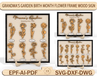 Omas Garten Geburtsmonat Blumenrahmen Holzschild, Geschenk für Mama, Mamas Gartenschild, Muttertagsgeschenk, Muttertagsdekor, Lasercut-Datei-Svg