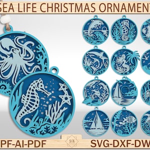 Enfeite de Natal SVG com animais marinhos, arquivo de corte a laser de animais marinhos, arquivo Glowforge para decoração de feriados costeiros, arquivo digital de enfeites de Natal