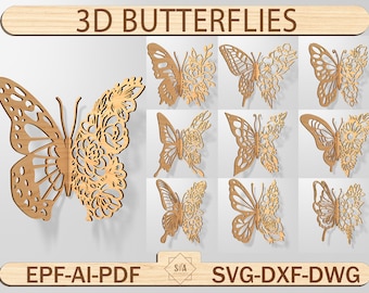 Bundle 3D farfalla tagliata al laser SVG, farfalla SVG, farfalla in legno ad incastro, decorazione per la casa a forma di farfalla, arte murale a forma di farfalla, farfalle 3D SVG