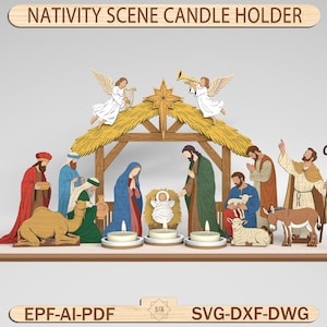 May include: A wooden Nativity scene candle holder with figures of the Holy Family, angels, and animals. The figures are in various colors, and the scene includes two candle holders. The text "NATIVITY SCENE CANDLE HOLDER" is at the top.