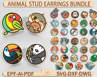 Animal Stud Earrings Bundle SVG, Animal Mega Stud Earring Pack SVG, Cute Animal Stud Earrings , Glowforge Files