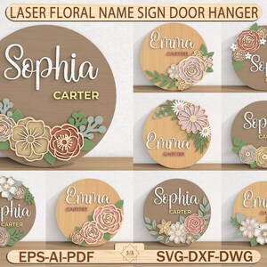 May include: Wooden round door hangers with laser-cut floral designs. Each sign features a name and surname, such as "Sophia Carter" or "Emma Carter", in a decorative font. The signs are adorned with layered floral arrangements in various colors.