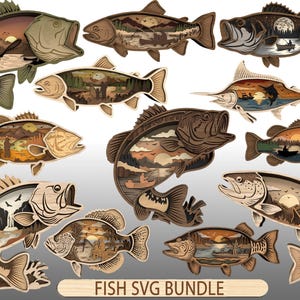 May include: A collection of twelve layered wooden fish silhouettes, each featuring intricate cutouts of outdoor fishing scenes with lakes, mountains, and forests. The text FISH SVG BUNDLE is displayed on a wooden plaque at the bottom center.