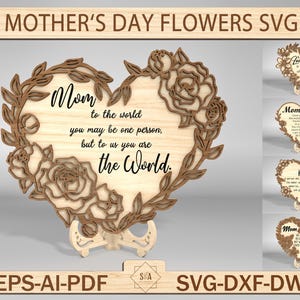 Flores para el día de la madre en forma de corazón Svg, regalo para el día de la madre Svg, regalo para mamá, decoración para el día de la mamá Svg, regalo para mamá cortado con láser, archivo SVG listo para cortar con láser