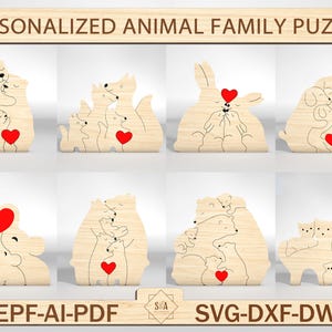 Puzzle di famiglia SVG, Puzzle di cane Pezzi svg, Puzzle di famiglia di animali personalizzato, Regali per la festa del papà svg, Festa della mamma svg, Taglio laser Glowforge