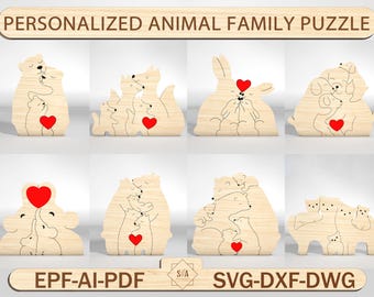 Familien Puzzle SVG, Hund Puzzleteile svg, personalisierte Tierfamilie Puzzle, Vatertagsgeschenke svg, Muttertags svg, Glowforge Laser geschnitten