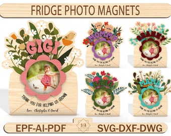 May include: Five wooden photo frame magnets with floral designs and the words "Mommy", "Grandma", "Gigi", "Mama", and "Nana". Each frame has a space for a photo and the text "Thank you for helping us grow" with the names "Christopher & David".