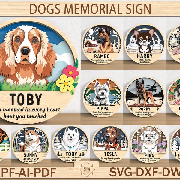 Dogs Memorial Sign SVG, Dog Breeds Name Memorial, Memorial Gift , Pet Memorial Laser cut file for Glowforge INSTANT DOWNLOAD