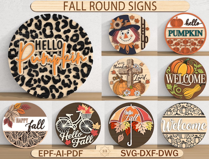 Fall Round Signs SVG Bundle, Pumpkin Door Hanger Cut File SVG, Fall ...