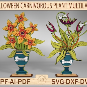 May include: Two Halloween-themed, multi-layered, carnivorous plant decorations. The first features a bouquet of orange and yellow flowers with red spots in a blue and white pot with the text "BLOOD SUCCULENTS". The second features a bouquet of green and purple plants with red mouths and white bones in a blue and white pot with the text "PEEPING PUPPIES".