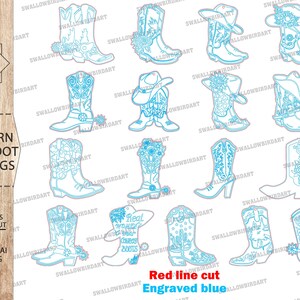 May include: A set of 12 digital cut files for laser cutting cowgirl boot earrings. The boots are outlined in blue and have floral designs. The text "Real Cowgirl Boots" is included in one of the designs. The text "Red line cut Engraved blue" is at the bottom of the image.
