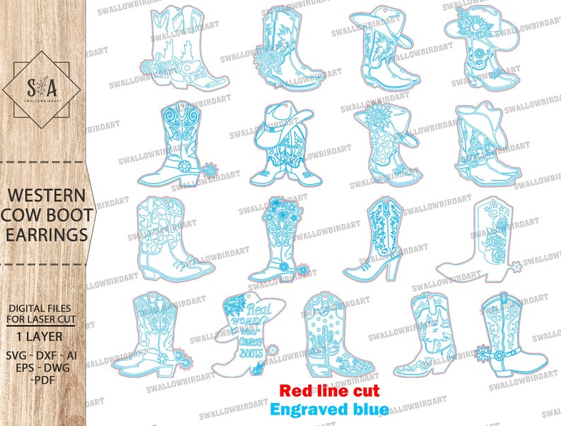 May include: A set of 12 digital cut files for laser cutting cowgirl boot earrings. The boots are outlined in blue and have floral designs. The text "Real Cowgirl Boots" is included in one of the designs. The text "Red line cut Engraved blue" is at the bottom of the image.