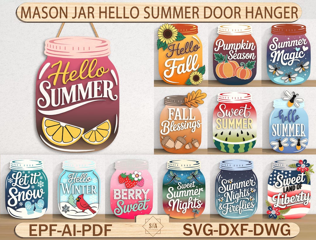 Mason Jar Door Hanger SVG Bundle, Summer Fall Winter Signs, Laser Cut ...