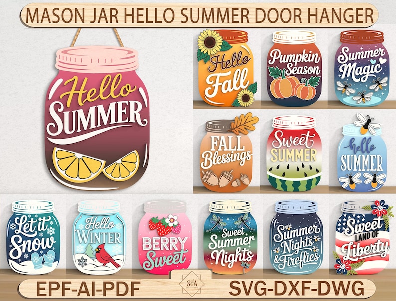 Mason Jar Door Hanger SVG Bundle, Summer Fall Winter Signs, Laser Cut ...