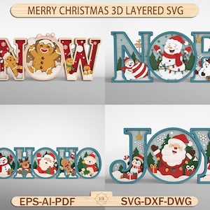 Op de afbeelding: Een set van vier 3D-gelaagde houten borden met de woorden SNOW, NOEL, HOHOHO en JOY. Elk bord toont feestelijke figuren zoals peperkoekmannetjes, sneeuwpoppen en de Kerstman, met de tekst MERRY CHRISTMAS 3D LAYERED SVG aan de bovenzijde.