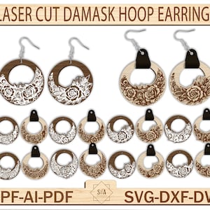 Puede incluir: Pendientes de aro de madera cortados con láser con un diseño floral. Los pendientes están disponibles en los formatos SVG, DXF, DWG, EPF, AI y PDF.