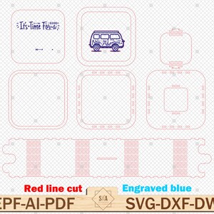 May include: A digital design file for a laser cut wooden box with a vintage van graphic and the text "It's Time For-a". The design includes red lines for cutting and blue lines for engraving.