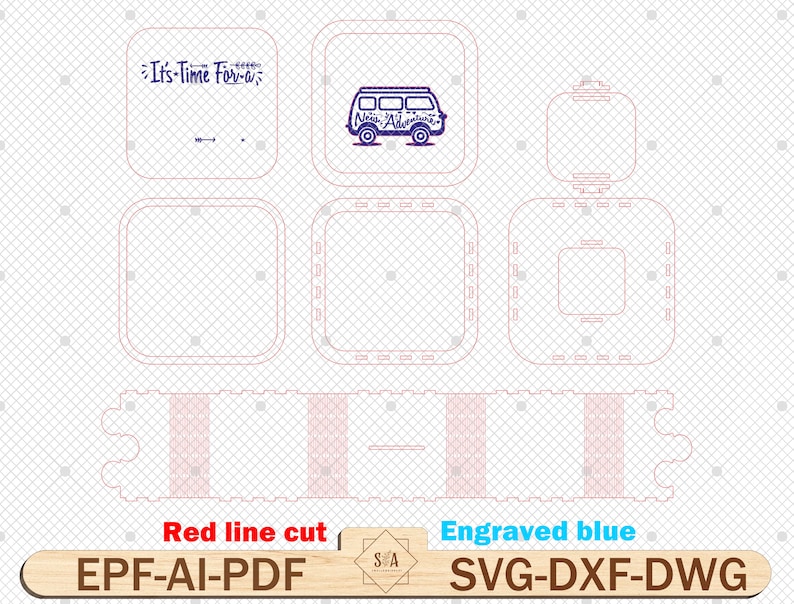 May include: A digital design file for a laser cut wooden box with a vintage van graphic and the text "It's Time For-a". The design includes red lines for cutting and blue lines for engraving.