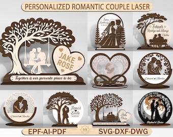 Personlig romantisk par laserskuren, anpassad bröllops- eller alla hjärtans dag-presentdekor, kärleksskylt SVG, parställdesign för laserskärning