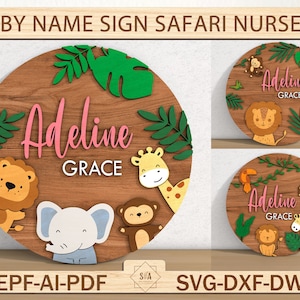 Sinal de nome do bebê Safari Berçário, arquivo digital de animais Glowforge para bebês meninos e meninas, nome redondo do berçário Safari, arte de parede de berçário, corte a laser Glowforge