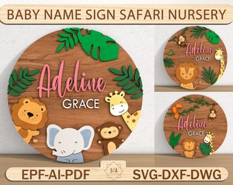 Nom de bébé signe Safari chambre de bébé, fichier numérique animaux Glowforge bébé garçon fille, nom de chambre de bébé Safari rond, art mural pour chambre de bébé, Glowforge découpé au Laser