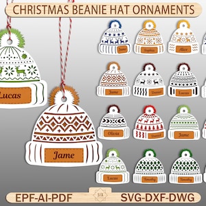 May include: A collection of Christmas beanie hat ornaments in various colors and patterns. Each ornament is shaped like a beanie hat and features a name tag. The ornaments are made of wood and are designed for holiday decoration. The text "CHRISTMAS BEANIE HAT ORNAMENTS" is at the top.