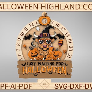 May include: Wooden Halloween decoration featuring a Highland cow wearing a witch hat and heart-shaped sunglasses. The design includes pumpkins, bats, and the text "JUST WAITING FOR HALLOWEEN". The top banner reads "HALLOWEEN HIGHLAND COW".