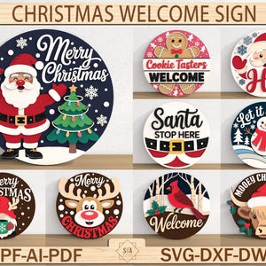Christmas Welcome Sign SVG Bundle, Laser Cut Files for Glowforge, Holiday Door Hanger SVG, Santa Snowman Reindeer SVG