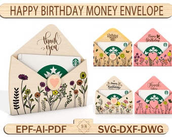 Lot d'enveloppes d'argent avec fichier découpé au laser joyeux anniversaire, cadeau de joyeux anniversaire, boîte pour porte-cartes, enveloppe porte-cartes cadeau, fichiers découpés au laser Glowforge