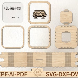 May include: A digital download of laser cut files for a wooden box with the text "It's Time For-a Nea Adventure" and a cartoon van. The files are available in EPF, AI, PDF, SVG, DXF, and DWG formats.