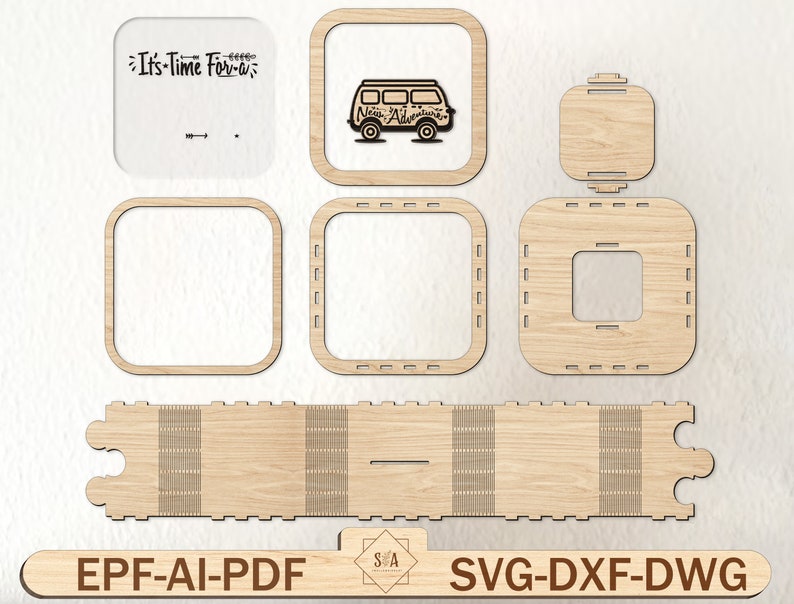 May include: A digital download of laser cut files for a wooden box with the text "It's Time For-a Nea Adventure" and a cartoon van. The files are available in EPF, AI, PDF, SVG, DXF, and DWG formats.