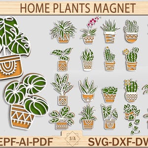 Pacote de ímãs de geladeira de cactos suculentos, ímãs para plantas domésticas, plantas tropicais, ímãs, Monstera SVG, presente para o Dia das Mães, arquivos de corte prontos para laser