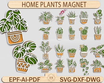 May include: A set of 25 digital cut files for creating home plant magnets. The designs feature various potted plants with different styles of pots and plants, including succulents, cacti, and leafy plants. The files are available in EPF, AI, PDF, SVG, DXF, and DWG formats.
