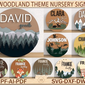 Woodland Theme Nursery Sign Door, Pine Tree Mountain Decor, Nursery Name Sign, Wildlife Nursery Decor, 3D Round Wood Svg, Lasercut File