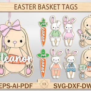 Etiqueta de cesta de Páscoa de coelho personalizada cortada a laser Svg, nome da etiqueta de Páscoa, pingente de nome de cesta de Páscoa para crianças, decoração de etiqueta de cesta para casa rústica